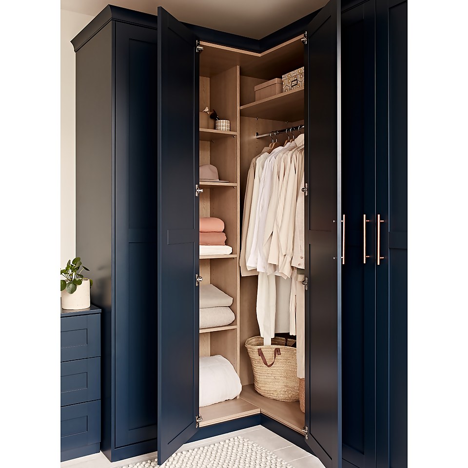 House Beautiful Realm Fitted Look Corner Wardrobe, Oak Effect Carcass - Navy Blue Shaker Doors (W) 1103mm x (H) 2256mm