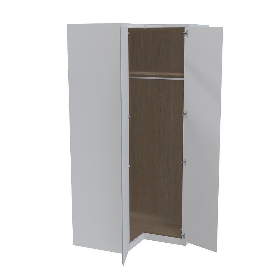 House Beautiful Escape Fitted Look Corner Wardrobe, Oak Effect Carcass - Gloss White Handleless Doors (W) 1073mm x (H) 2226mm