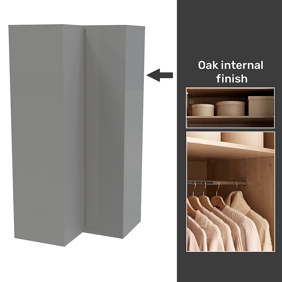 House Beautiful Escape Fitted Look Corner Wardrobe, Oak Effect Carcass - Gloss Grey Handleless Doors (W) 1073mm x (H) 2226mm