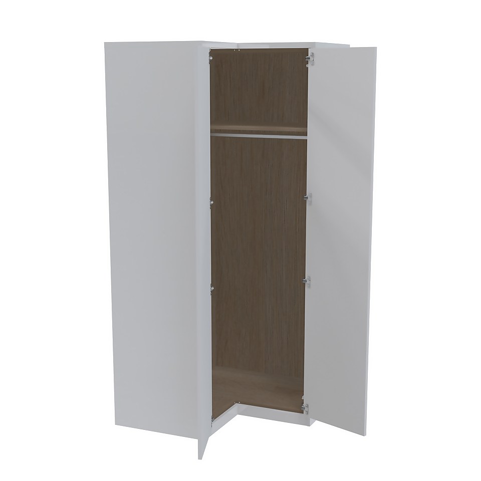 House Beautiful Honest Fitted Look Corner Wardrobe, Oak Effect Carcass - Gloss White Slab Doors (W) 1073mm x (H) 2226mm