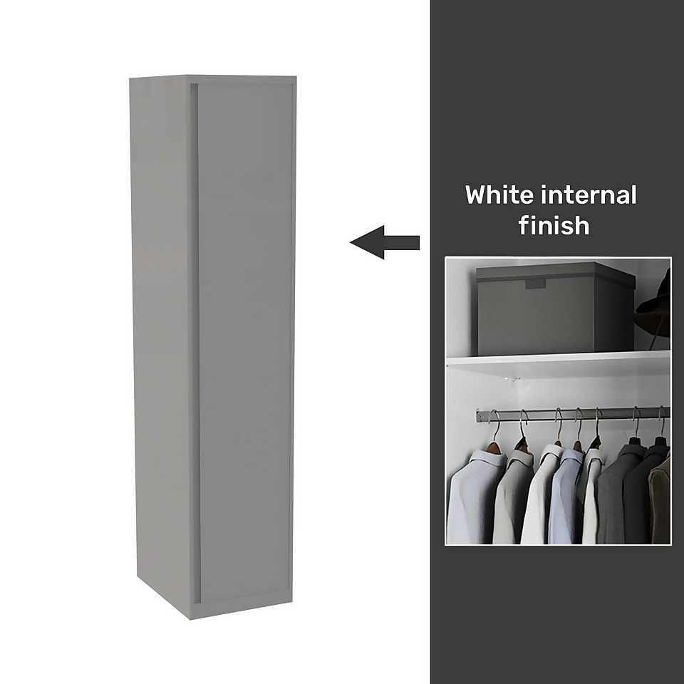 House Beautiful Escape Fitted Look Single Wardrobe, White Carcass - Gloss Grey Handleless Door (W) 490mm x (H) 2226mm