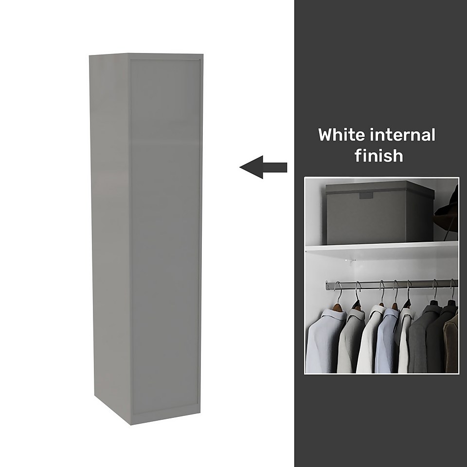 House Beautiful Honest Fitted Look Single Wardrobe, White Carcass - Gloss Grey Slab Door (W) 490mm x (H) 2226mm