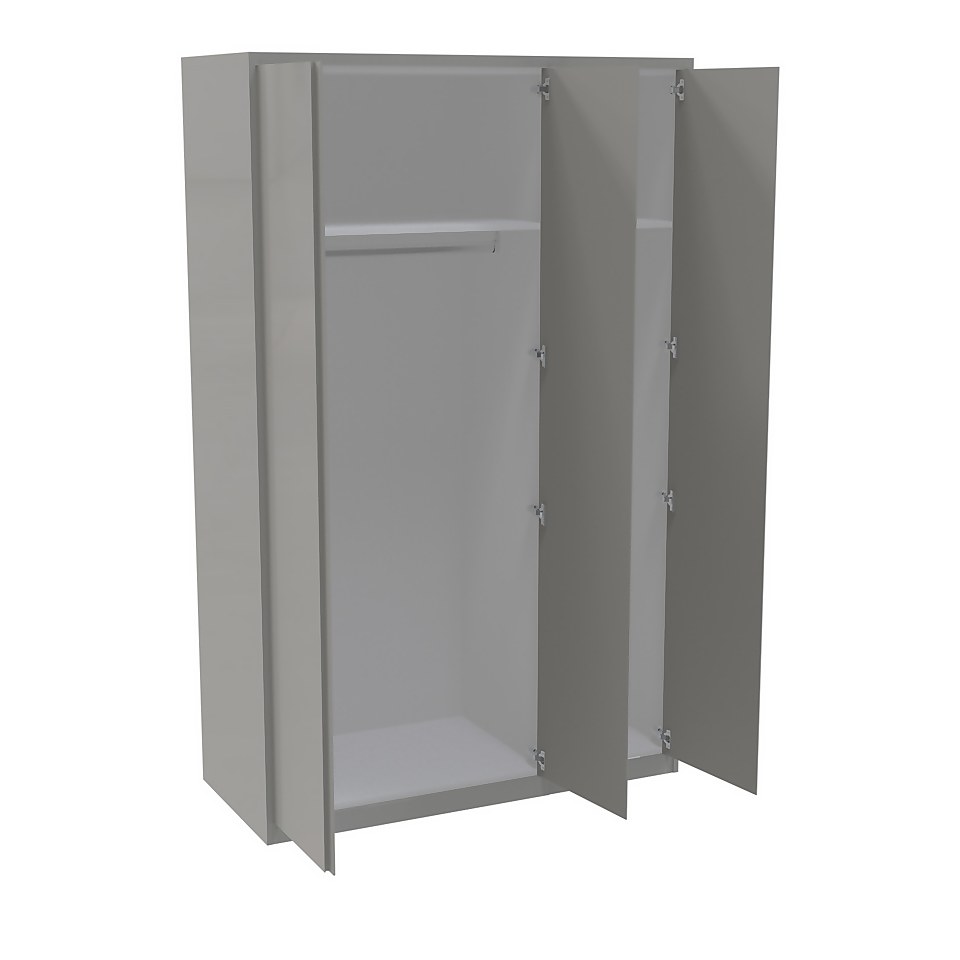 House Beautiful Escape Fitted Look Triple Wardrobe, White Carcass - Gloss Grey Handleless Doors (W) 1390mm x (H) 2226mm