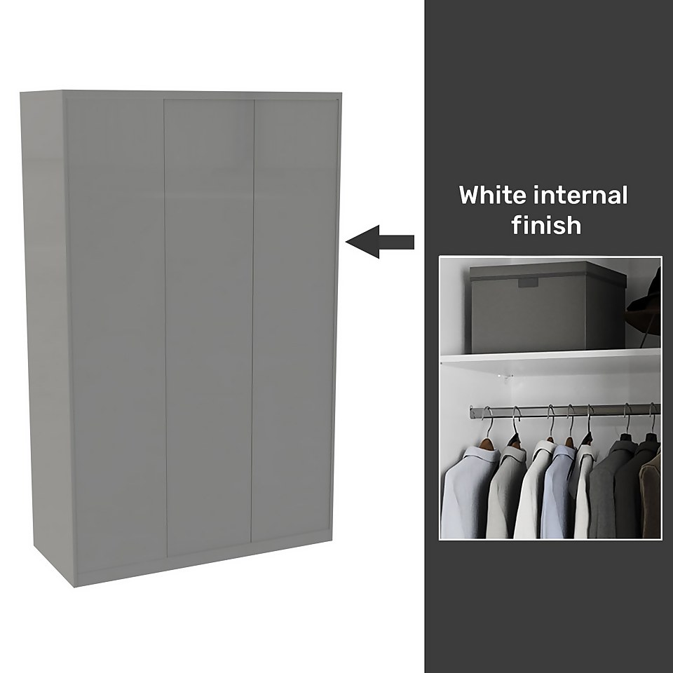 House Beautiful Honest Fitted Look Triple Wardrobe, White Carcass - Gloss Grey Slab Doors (W) 1390mm x (H) 2226mm