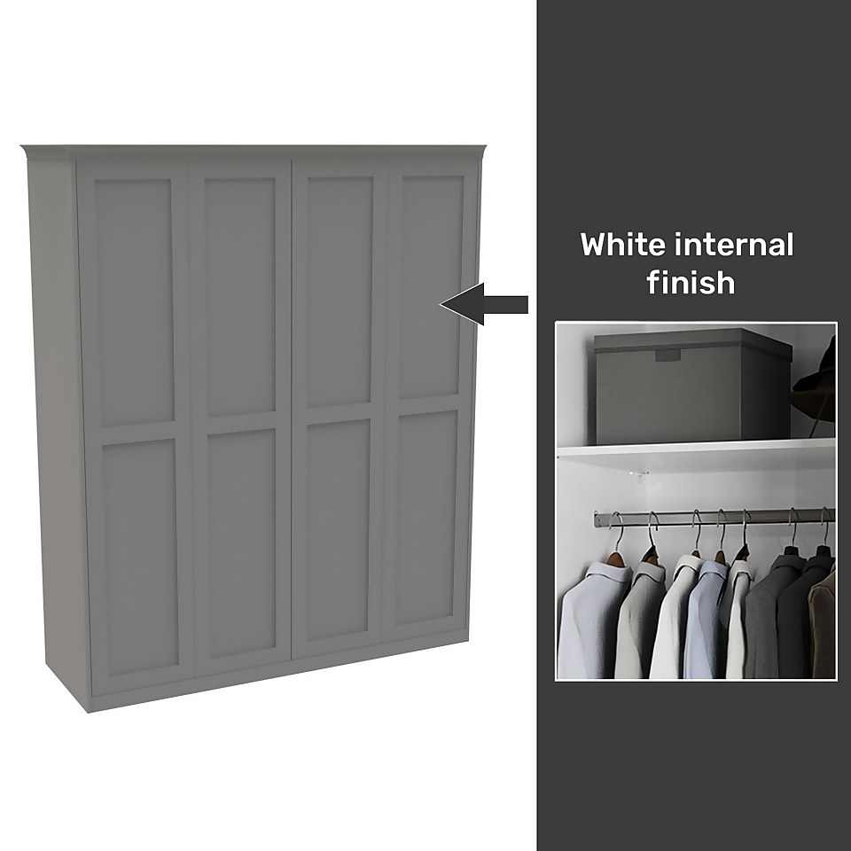House Beautiful Realm Fitted Look Quad Wardrobe, White Carcass - Grey Shaker Doors (W) 1901mm x (H) 2256mm