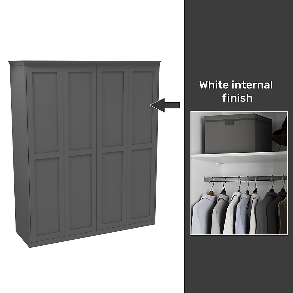 House Beautiful Realm Fitted Look Quad Wardrobe, White Carcass - Carbon Grey Shaker Doors (W) 1901mm x (H) 2256mm