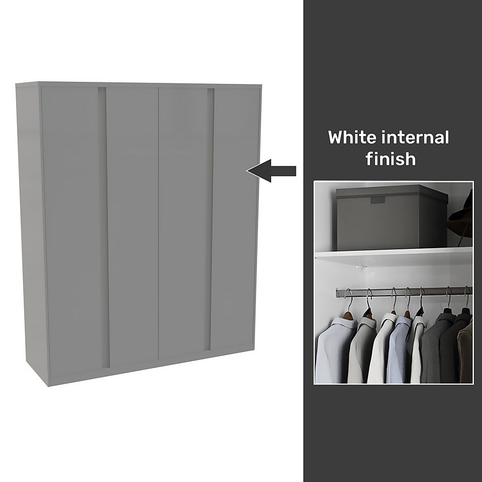 House Beautiful Escape Fitted Look Quad Wardrobe, White Carcass - Gloss Grey Handleless Doors (W) 1840mm x (H) 2226mm