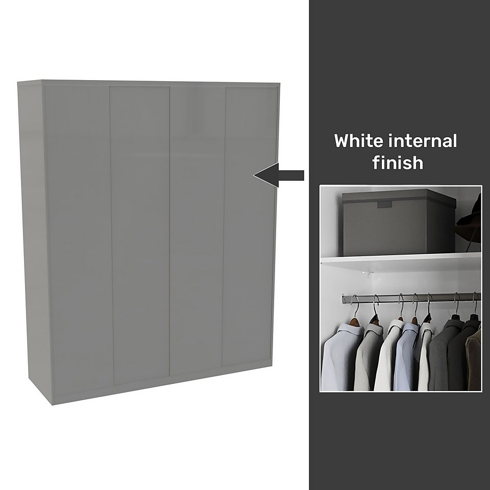 House Beautiful Honest Fitted Look Quad Wardrobe, White Carcass - Gloss Grey Slab Doors (W) 1840mm x (H) 2226mm
