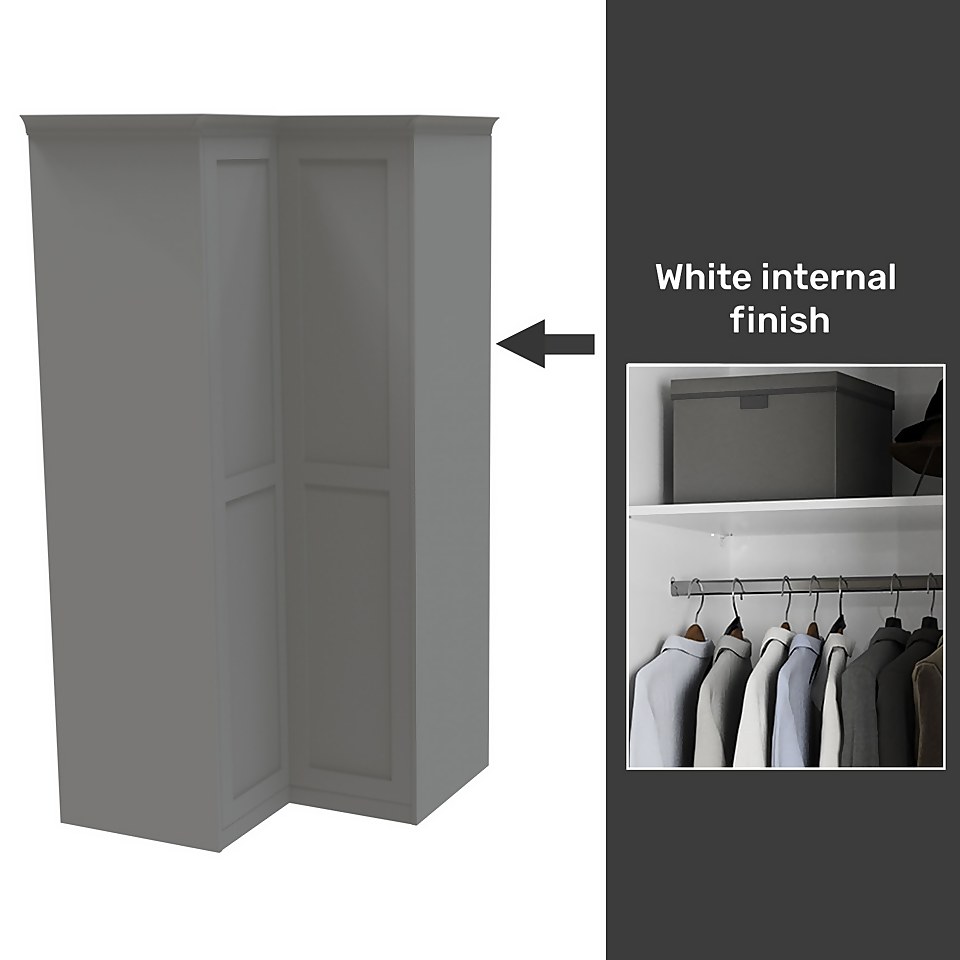 House Beautiful Realm Fitted Look Corner Wardrobe, White Carcass - Grey Shaker Doors (W) 1103mm x (H) 2256mm