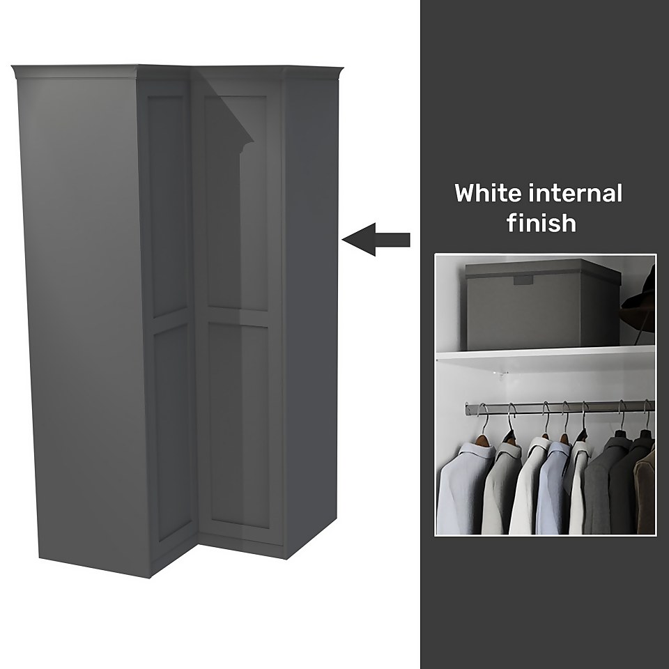 House Beautiful Realm Fitted Look Corner Wardrobe, White Carcass - Carbon Grey Shaker Doors (W) 1103mm x (H) 2256mm