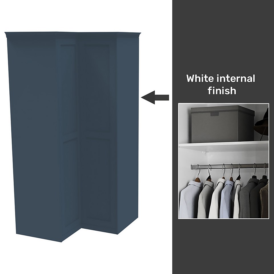 House Beautiful Realm Fitted Look Corner Wardrobe, White Carcass - Navy Blue Shaker Doors (W) 1103mm x (H) 2256mm