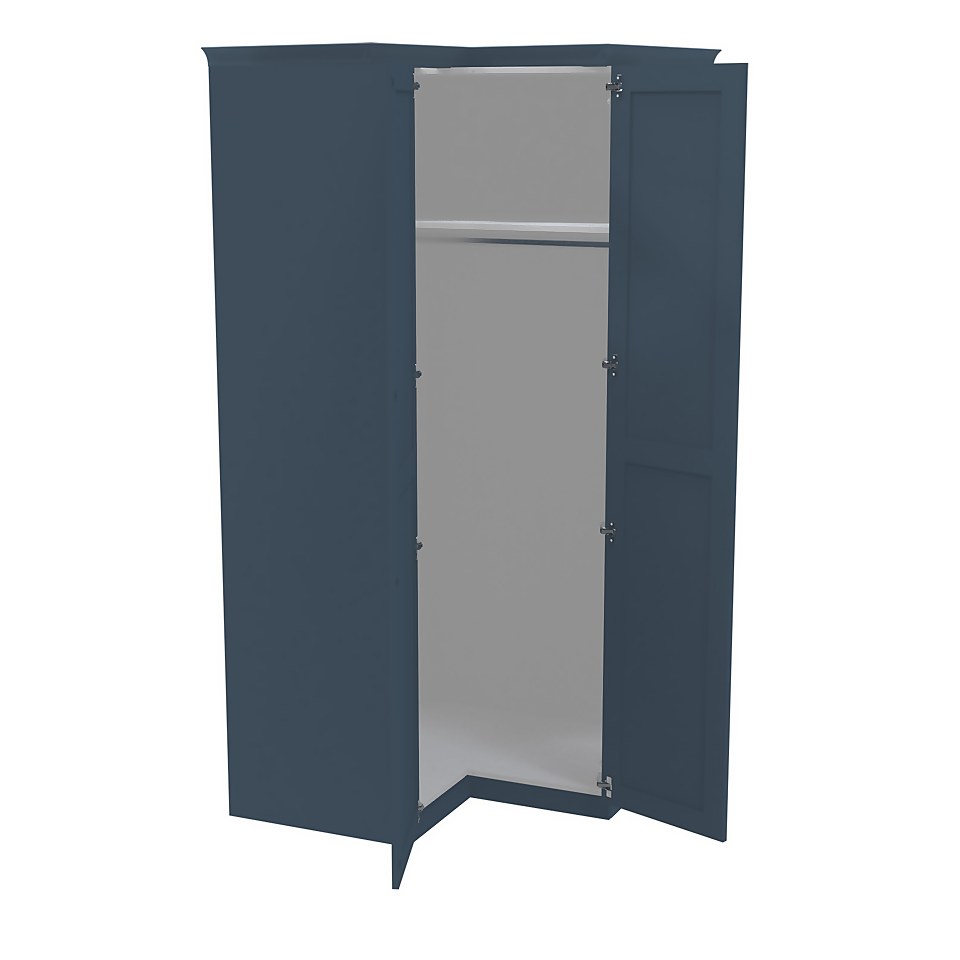 House Beautiful Realm Fitted Look Corner Wardrobe, White Carcass - Navy Blue Shaker Doors (W) 1103mm x (H) 2256mm