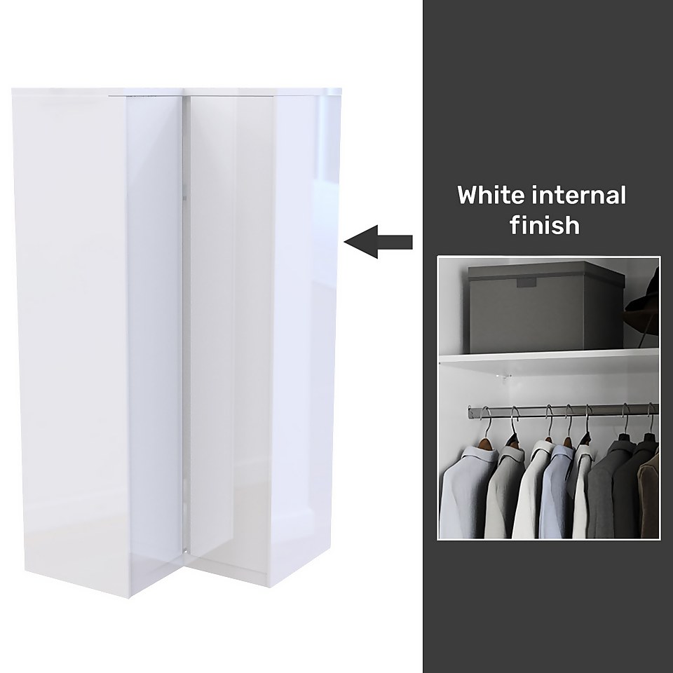 House Beautiful Escape Fitted Look Corner Wardrobe, White Carcass - Gloss White Handleless Doors (W) 1073mm x (H) 2226mm