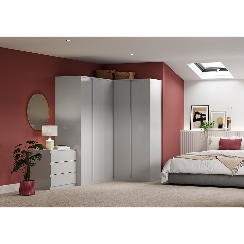 House Beautiful Escape Fitted Look Corner Wardrobe, White Carcass - Gloss Grey Handleless Doors (W) 1073mm x (H) 2226mm