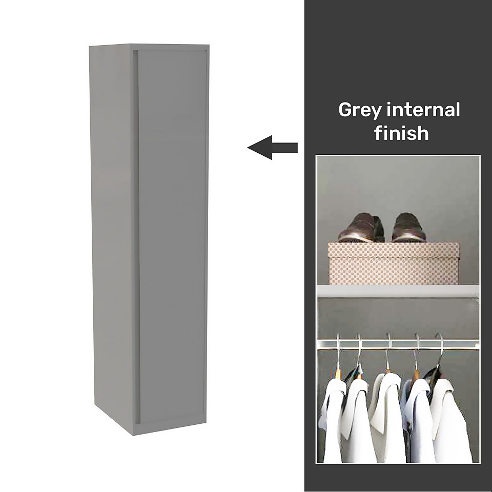 House Beautiful Escape Fitted Look Single Wardrobe, Grey Carcass - Gloss Grey Handleless Door (W) 490mm x (H) 2226mm
