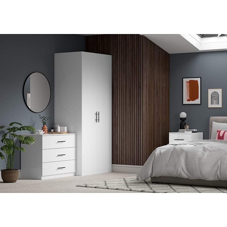 House Beautiful Honest Fitted Look Double Wardrobe, Grey Carcass - Gloss White Slab Doors (W) 940mm x (H) 2226mm