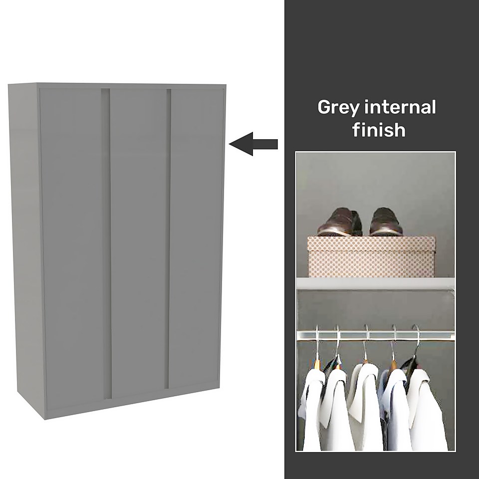 House Beautiful Escape Fitted Look Triple Wardrobe, Grey Carcass - Gloss Grey Handleless Doors (W) 1390mm x (H) 2226mm