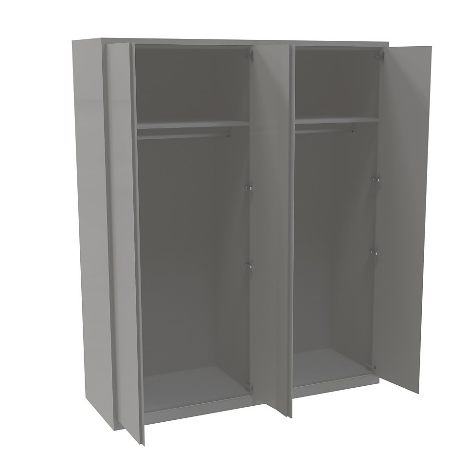 House Beautiful Escape Fitted Look Quad Wardrobe, Grey Carcass - Gloss Grey Handleless Doors (W) 1840mm x (H) 2226mm