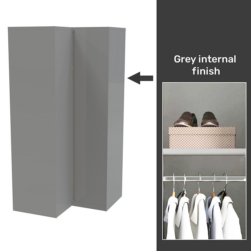 House Beautiful Escape Fitted Look Corner Wardrobe, Grey Carcass - Gloss Grey Handleless Doors (W) 1073mm x (H) 2226mm