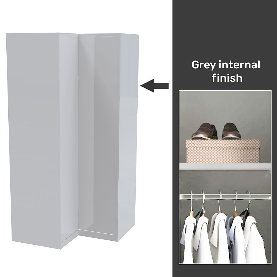 House Beautiful Honest Fitted Look Corner Wardrobe, Grey Carcass - Gloss White Slab Doors (W) 1073mm x (H) 2226mm