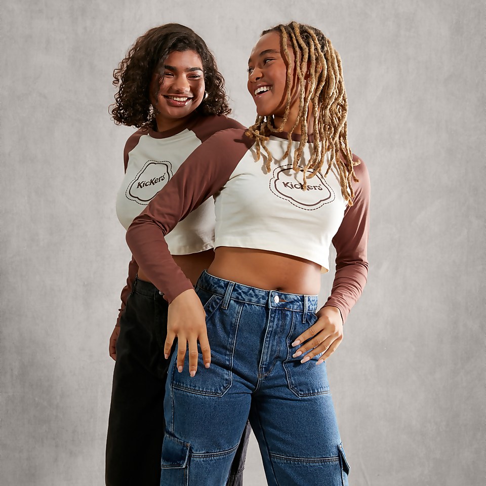Women's Cropped Long Sleeve T Shirt Ecru/ Brown