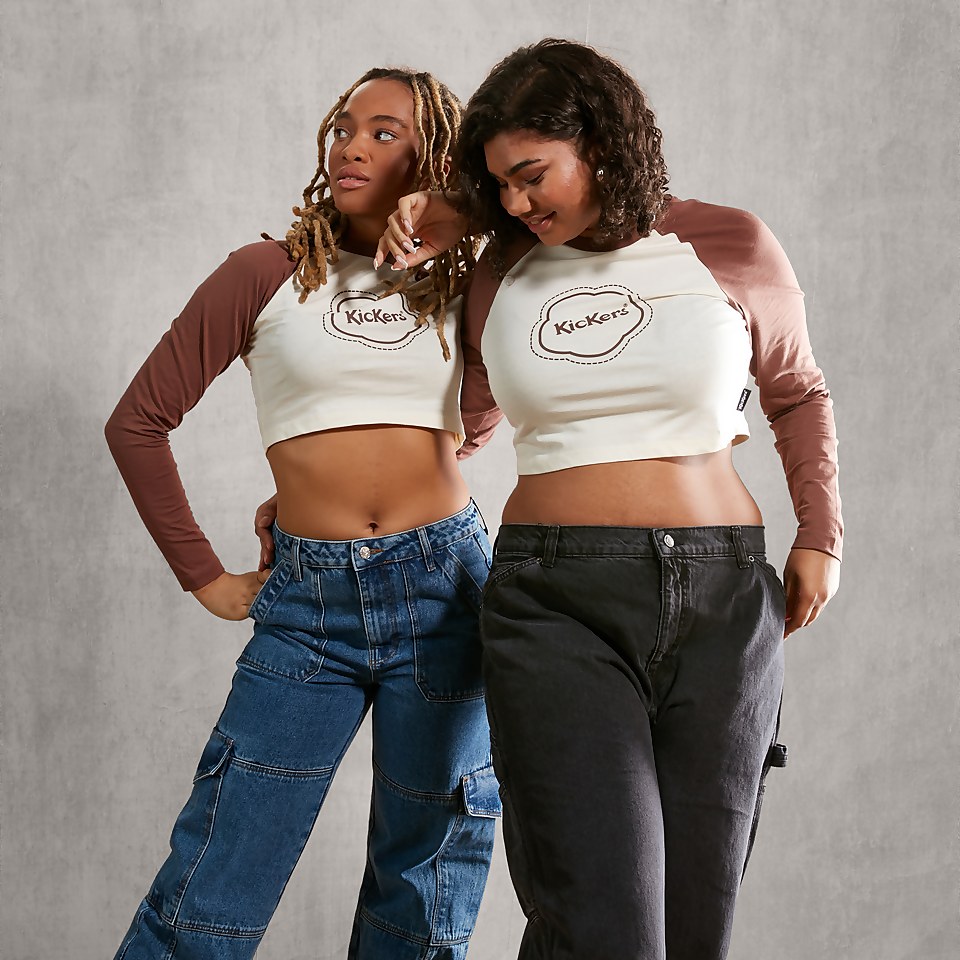 Women's Cropped Long Sleeve T Shirt Ecru/ Brown
