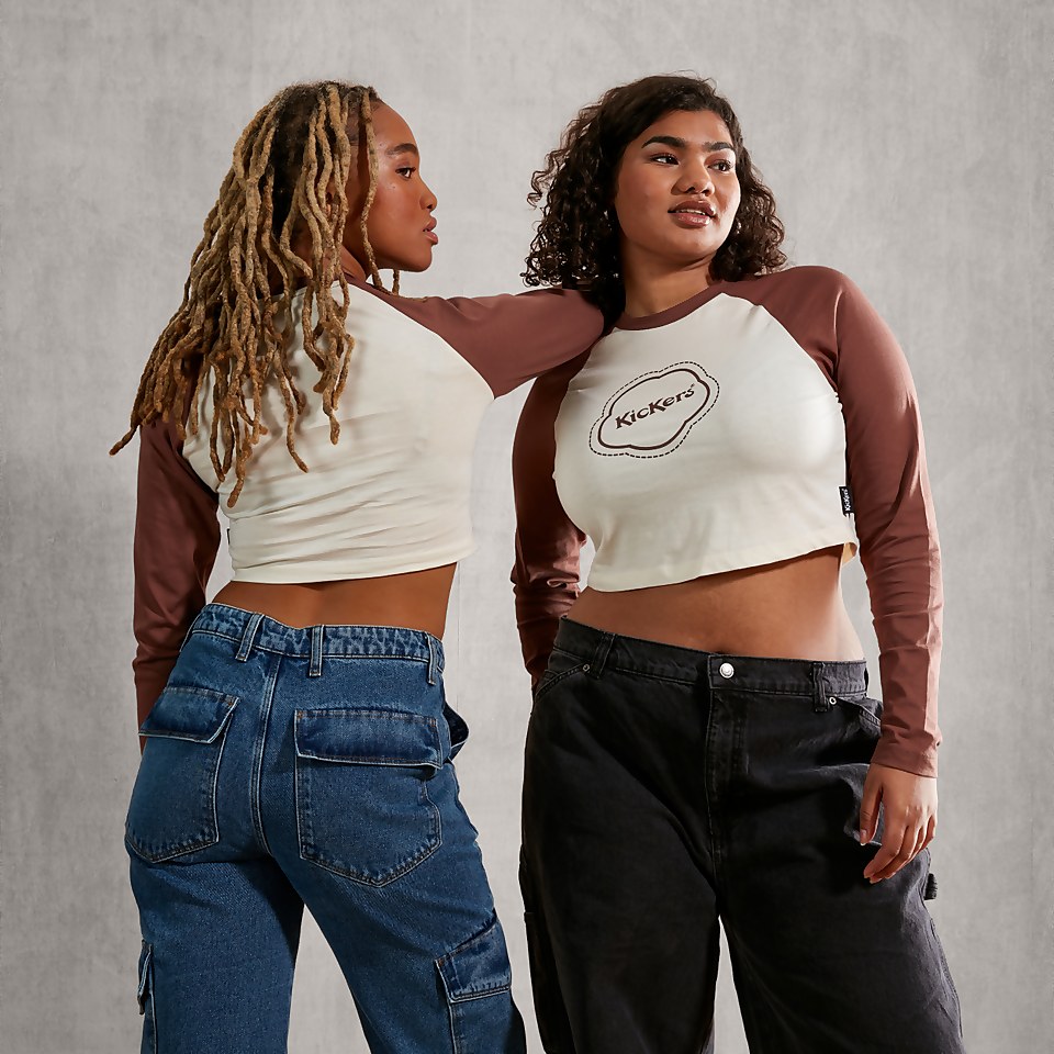 Women's Cropped Long Sleeve T Shirt Ecru/ Brown