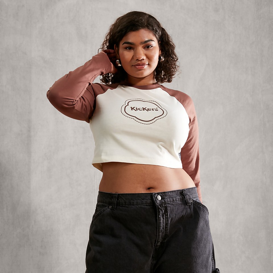 Women's Cropped Long Sleeve T Shirt Ecru/ Brown