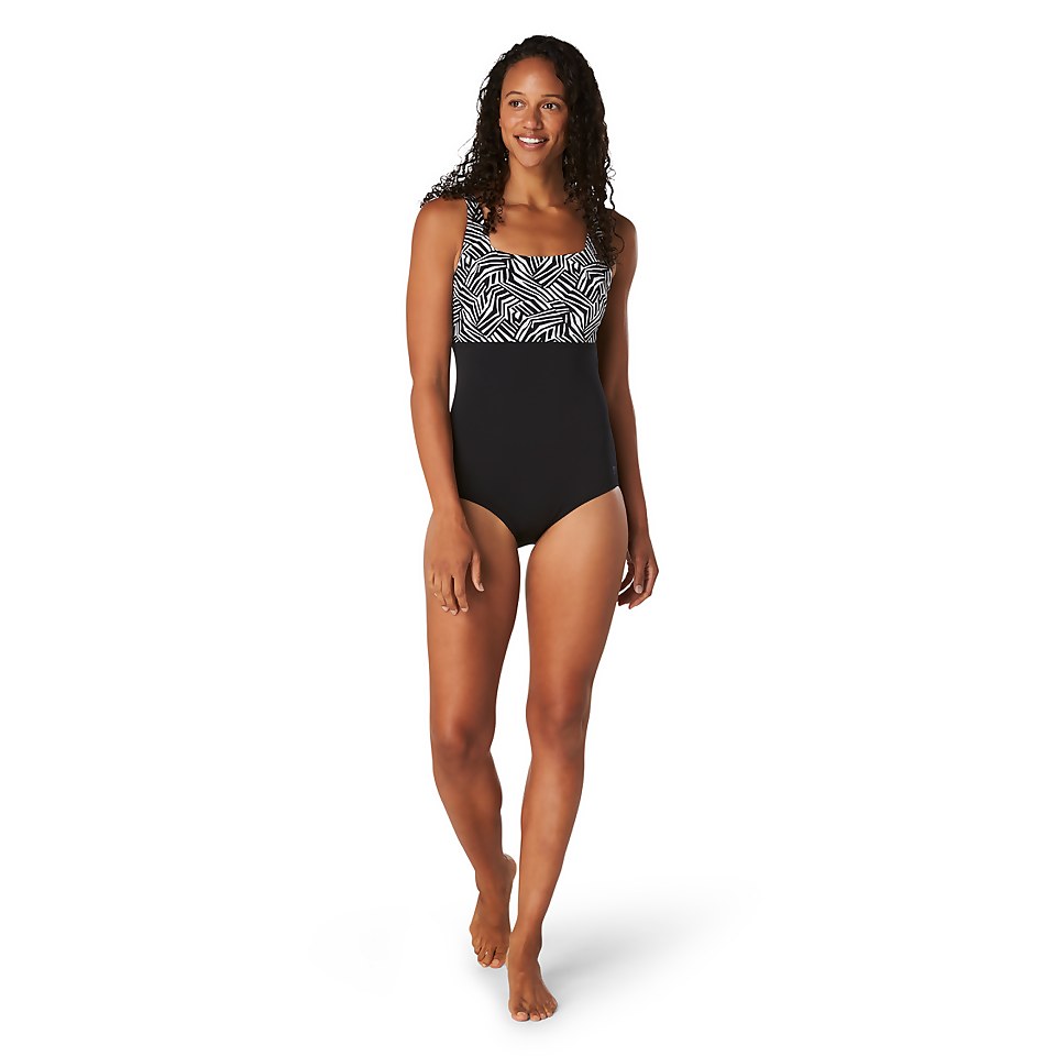 Women's Printed ur Square Neck Adjustable Strap One Piece Swimsuit Black