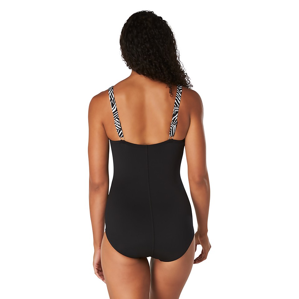 Women's Printed ur Square Neck Adjustable Strap One Piece Swimsuit Black