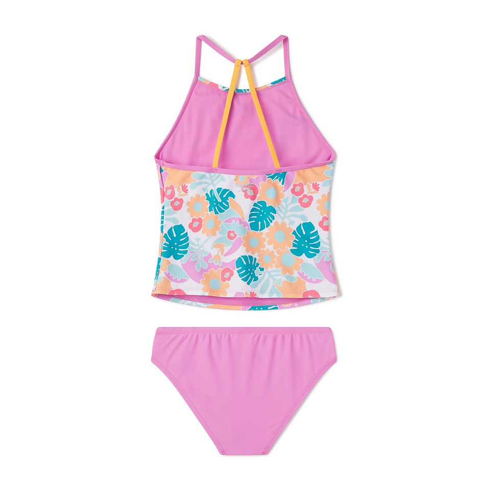 Girl's Printed High Neck Tankini Set Purple