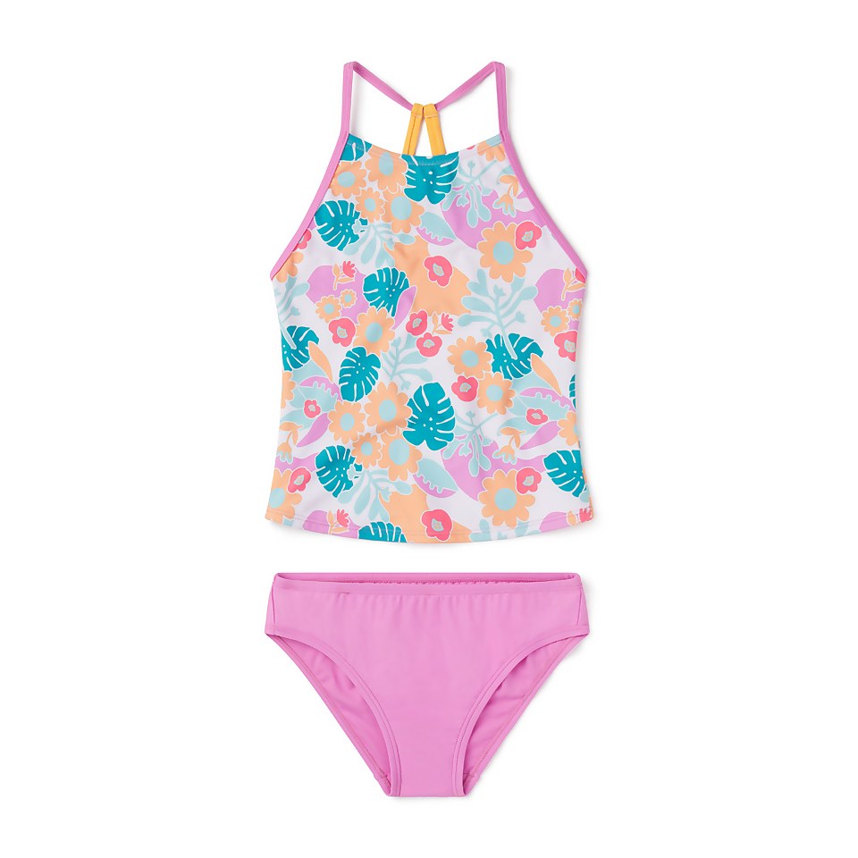 Girl's Printed High Neck Tankini Set Purple