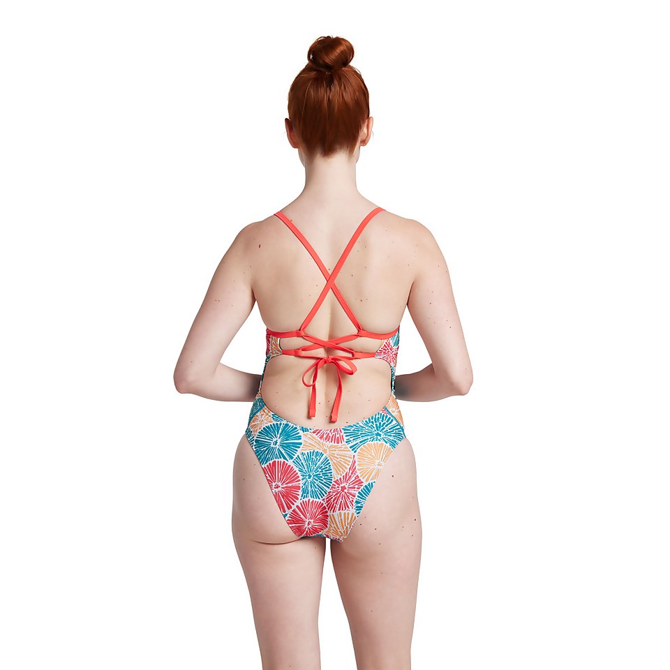 Monopièce à motif imprimé double dentelle au dos pour femmes, rose