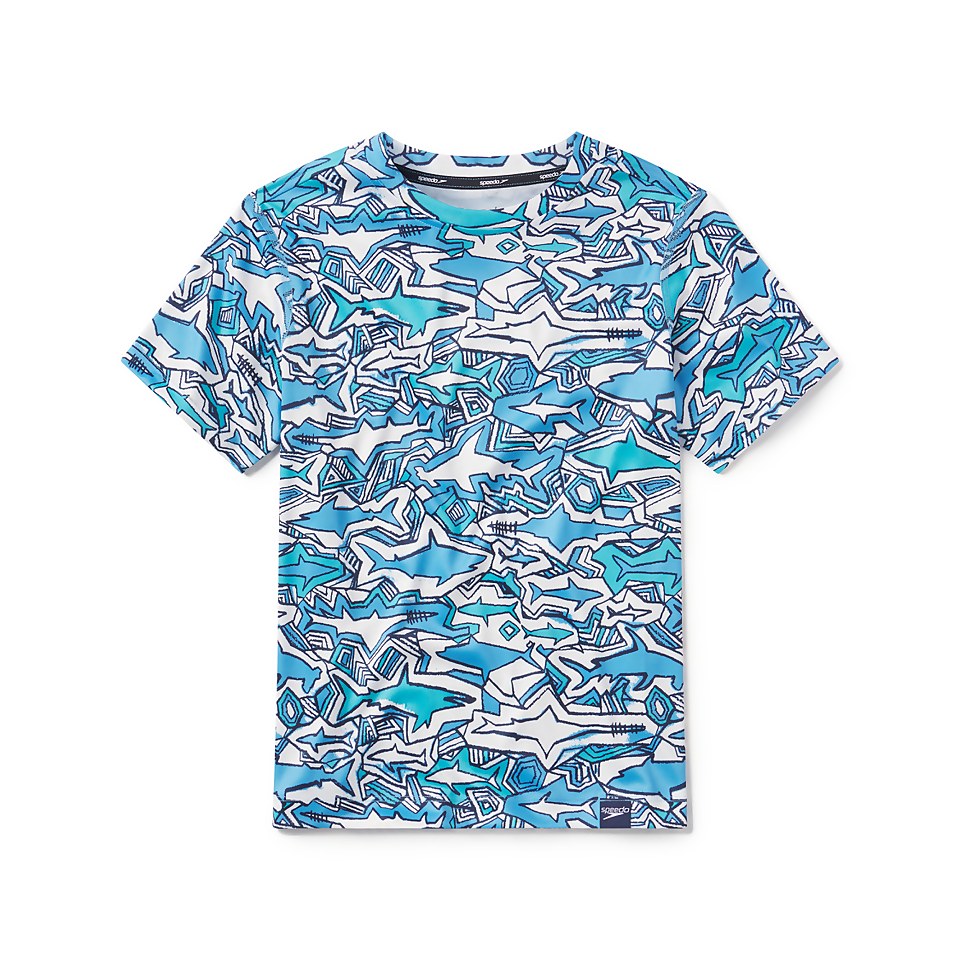 Boy's Short Sleeve Shark Chalk Swim Shirt Blue