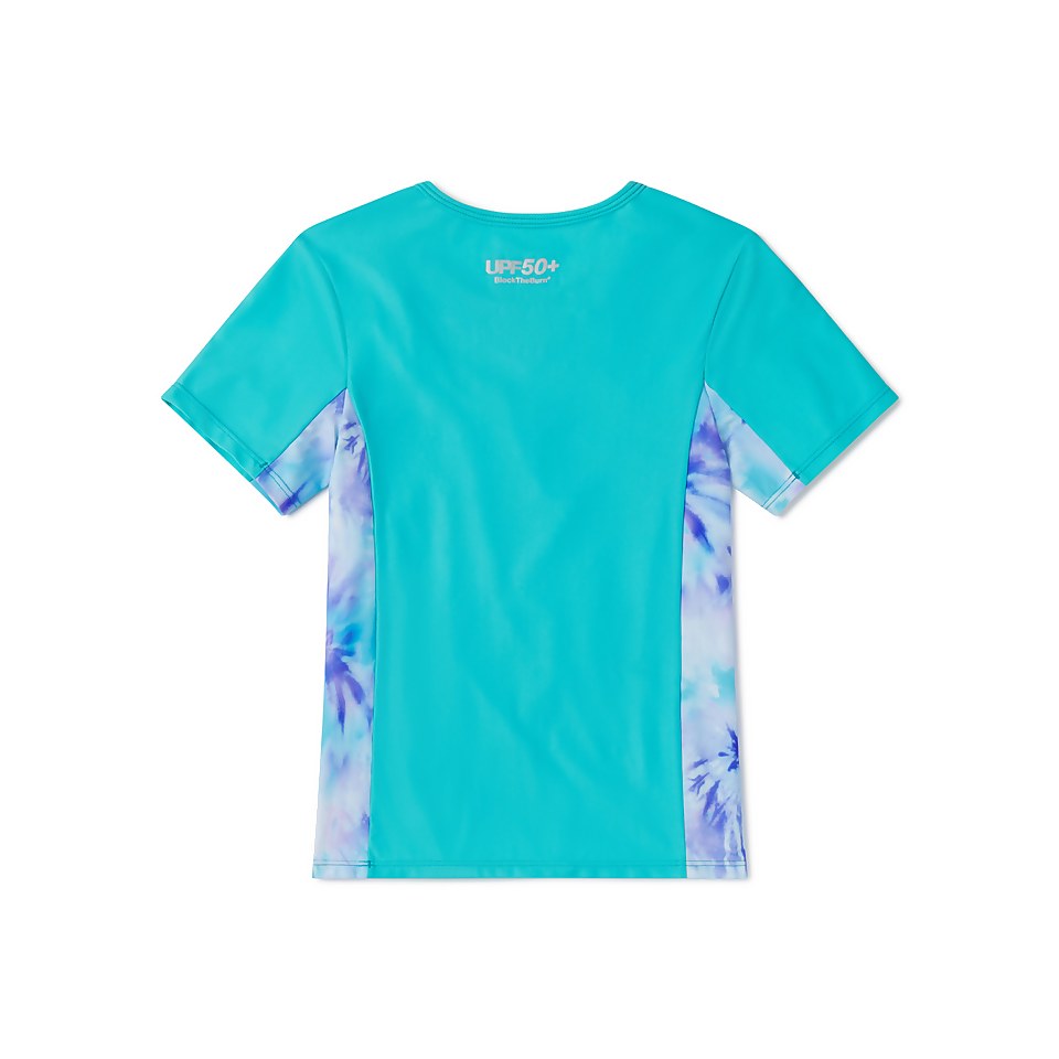 Girl's Short Sleeve Print Splice Rashguard Blue