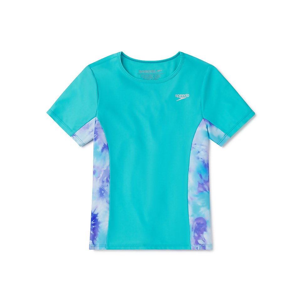 Girl's Short Sleeve Print Splice Rashguard Blue