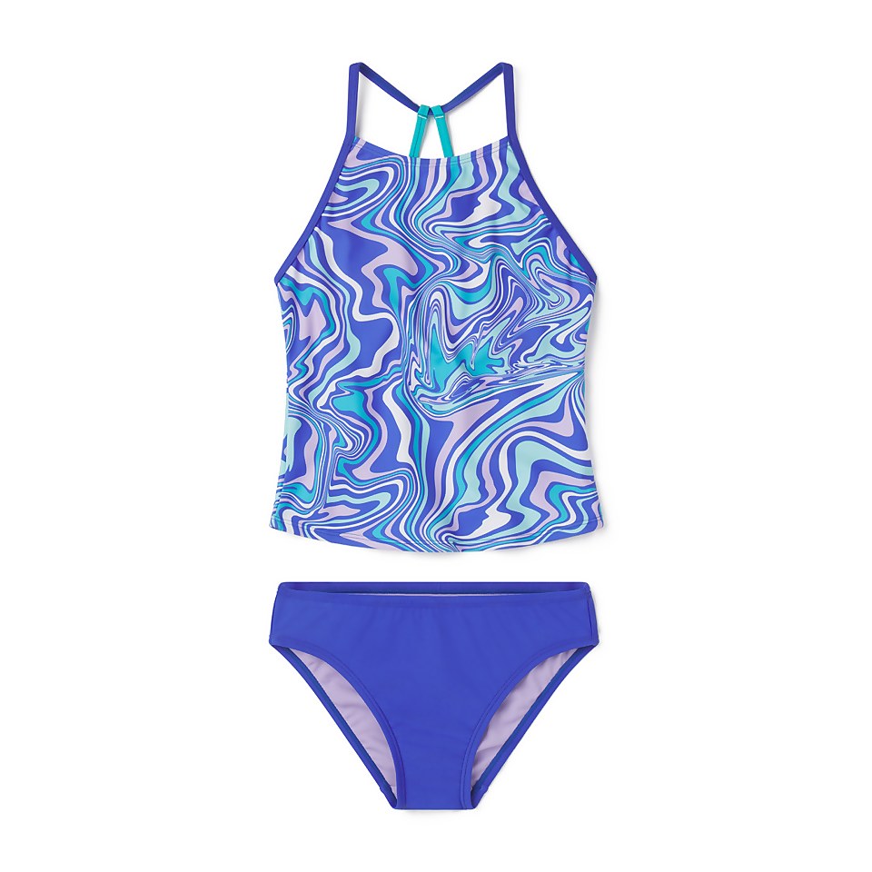 Girl's Printed High Neck Tankini Set Purple