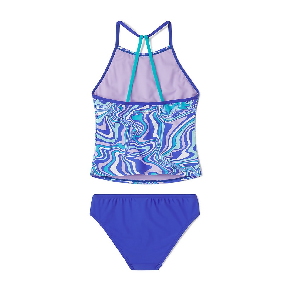 Girl's Printed High Neck Tankini Set Purple