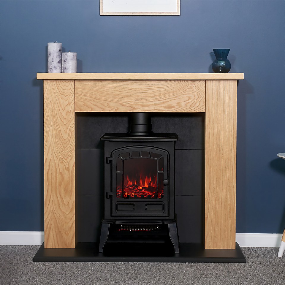 Adam Chester Stove Fireplace with Flat to Wall Fitting in Oak & Black with Sureflame Ripon Electric Stove in Black, 39 Inch