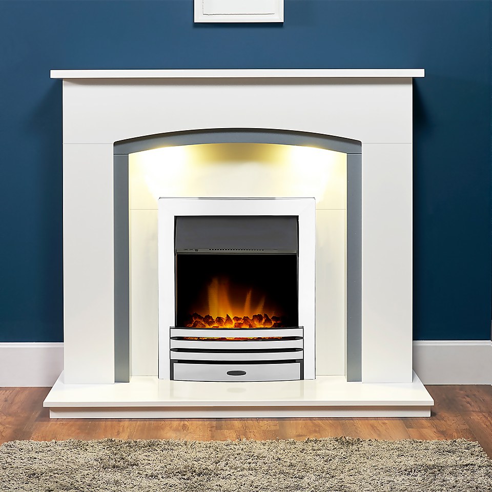 Adam Savanna Fireplace in Pure White & Grey with Downlights & Eclipse Electric Fire with Inset Fitting in Chrome, 48 Inch