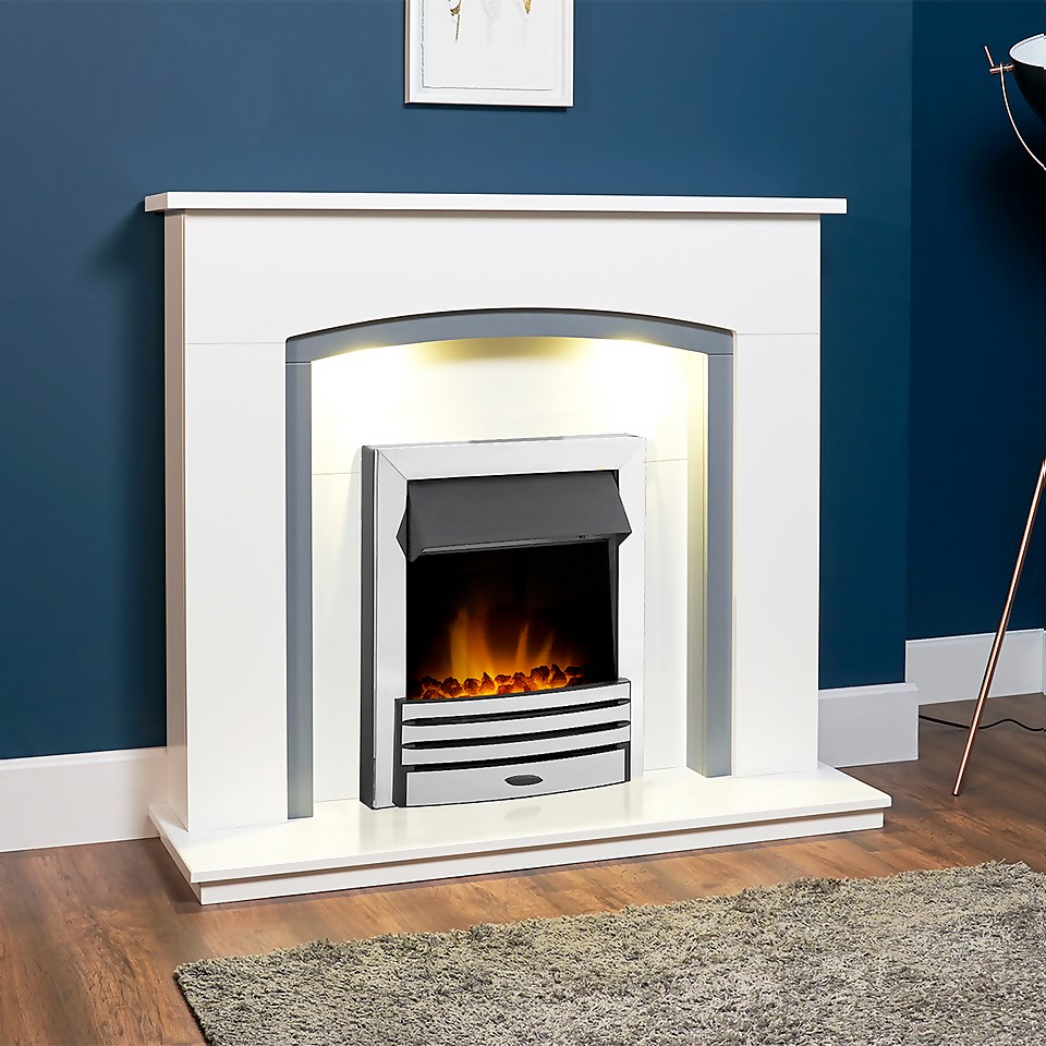 Adam Savanna Fireplace in Pure White & Grey with Downlights & Eclipse Electric Fire with Inset Fitting in Chrome, 48 Inch
