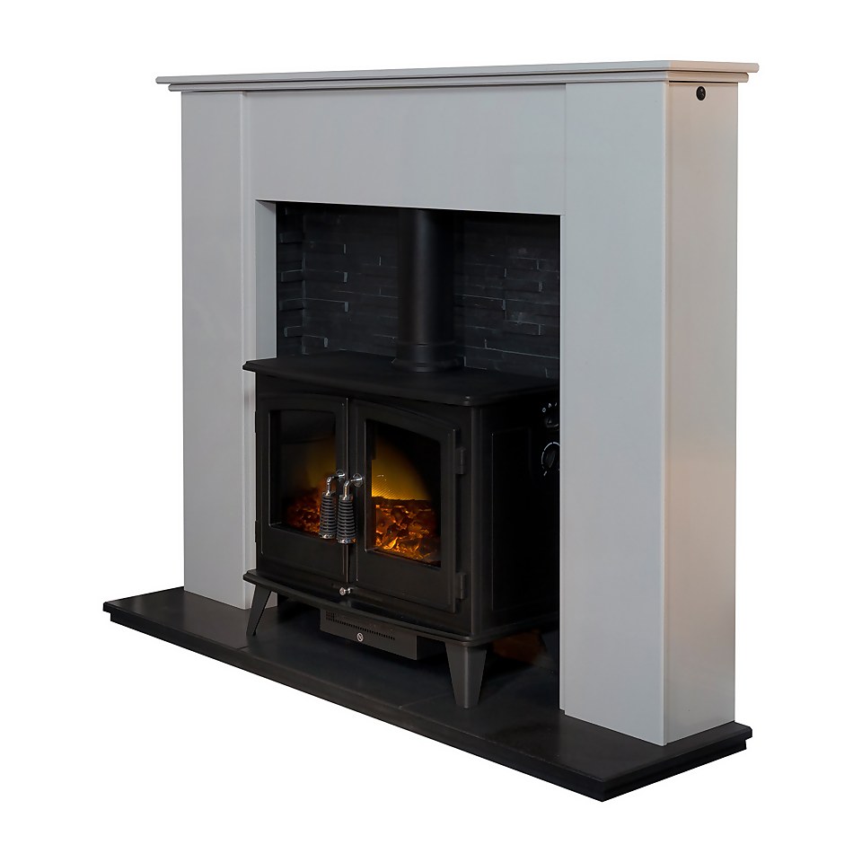 Acantha Montara Crystal White Marble Fireplace with Downlights & Woodhouse Electric Stove in Black, 54 Inch