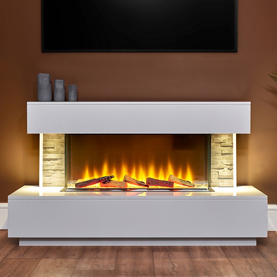 Acantha Aspen White Marble & Slate Fireplace Suite with Downlights, 50 Inch