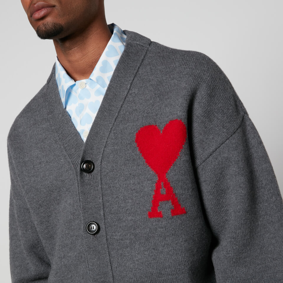 ★AMI PARIS★ Big Heart Intarsia Logo Wool Cardigan Off Whit AMI PARIS - Logo-Embroidered Organic Cotton and Wool-Blend