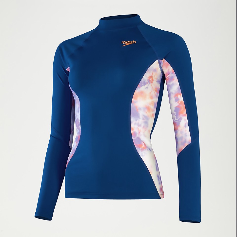 Bedrucktes langärmliges Rash-Top für Damen Blau/Koralle