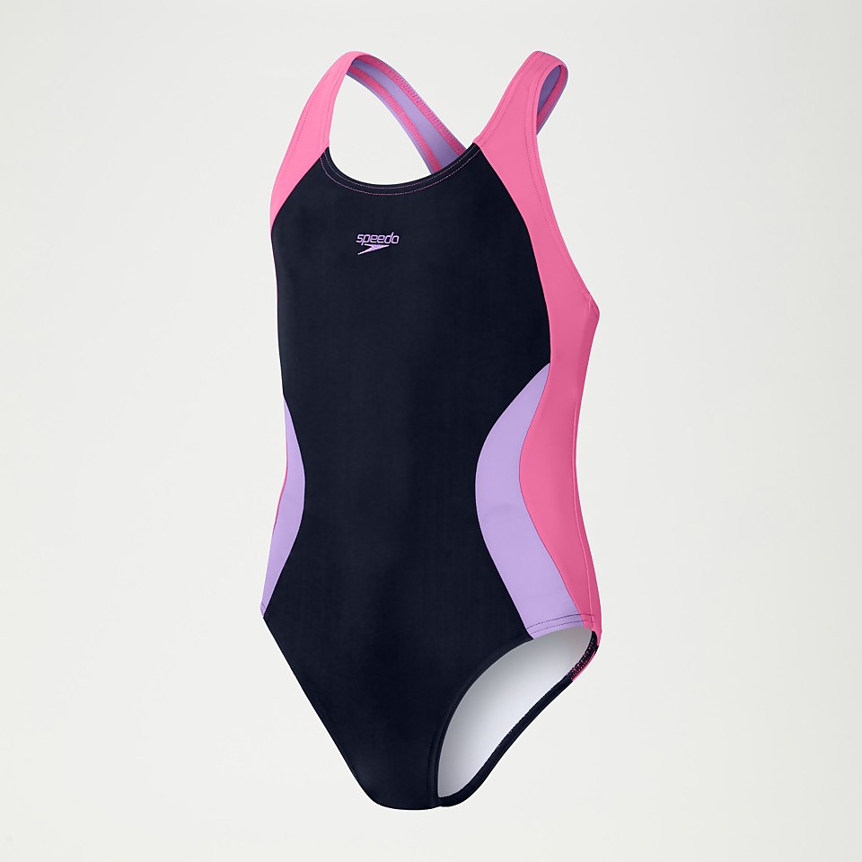 Farbblock Spiritback Badeanzug für Mädchen Marineblau/Flieder