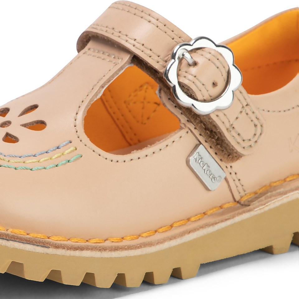 Infant Girls Kick T Bar Flower Leather Beige