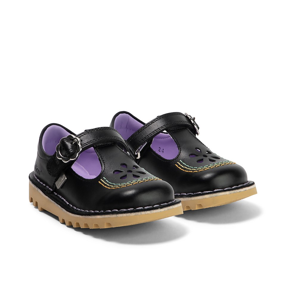 Infant Girls Kick T Bar Flower Leather Black