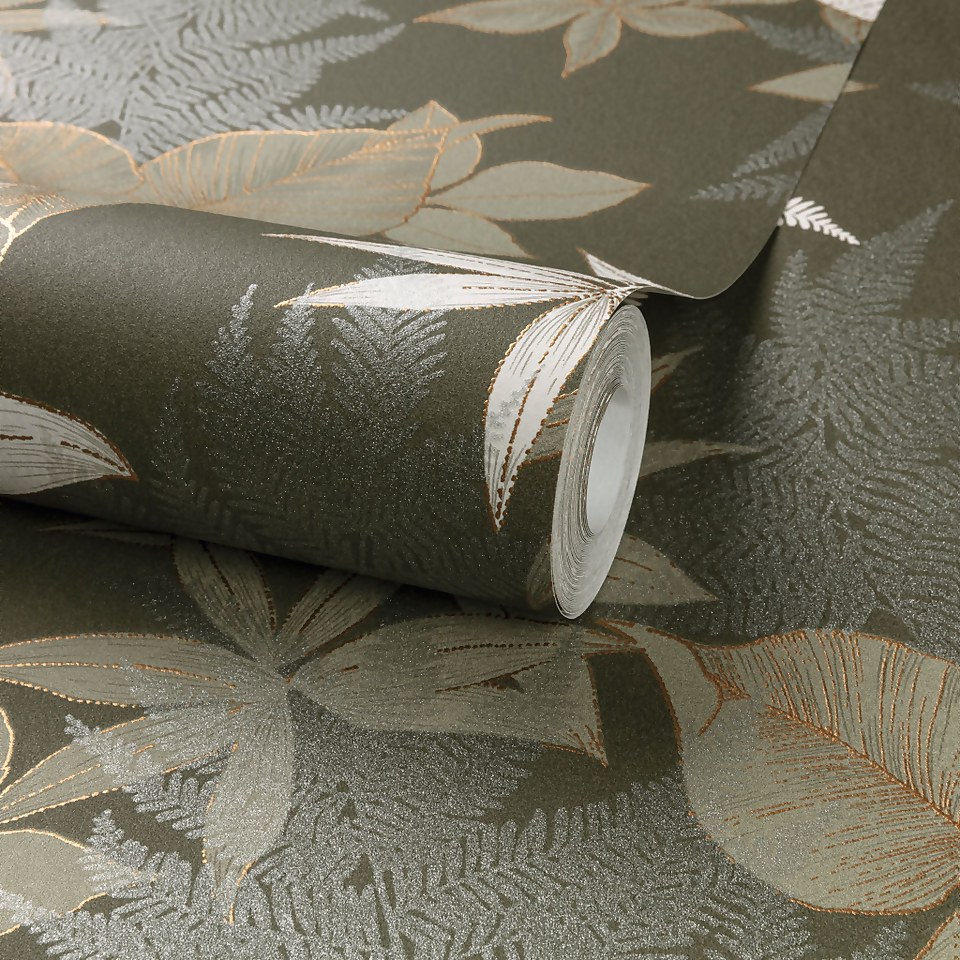 Grandeco Floral Field Fern Metallic Textured Wallpaper, Khaki Green