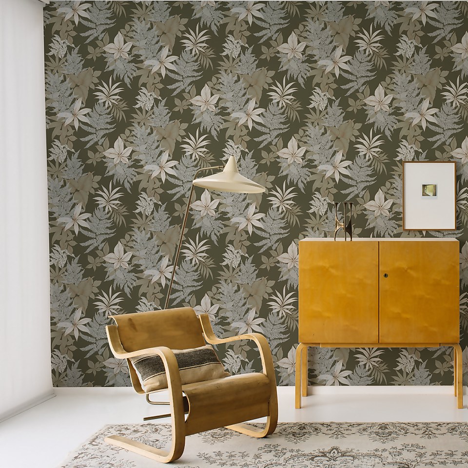 Grandeco Floral Field Fern Metallic Textured Wallpaper, Khaki Green